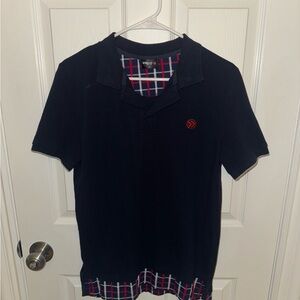 Dark Navy Blue Polo Shirt with Layered, Checkered Patterns